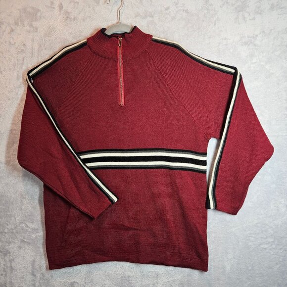 Point Zero Mens M Red 1/4 Zip Sweater Striped Detail tight knit Office hipster - Picture 1 of 10